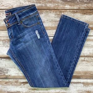 Y2K Low rise straight leg blue jeans, distressed denim, size 11, waist 34”